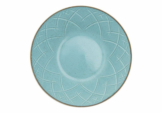 Assiette creuse turquoise aux motifs subtils, inspirée par l'éclat du Maroc, parfaite pour la décoration des maisons cherchant une atmosphère d'authenticité.