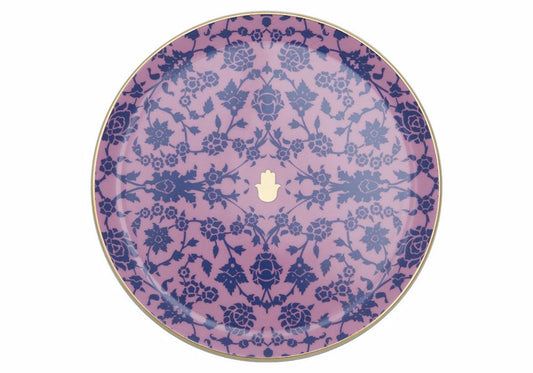 Assiette plate rose à motifs ethniques de 24 cm, reflétant l'authenticité et l'éthique du Maroc avec un éclat d'or et de platine.