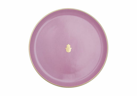 Assiette plate rose 20 cm aux motifs éthiques du Maroc, brillant d'un éclat unique grâce à sa décoration en or et platine.