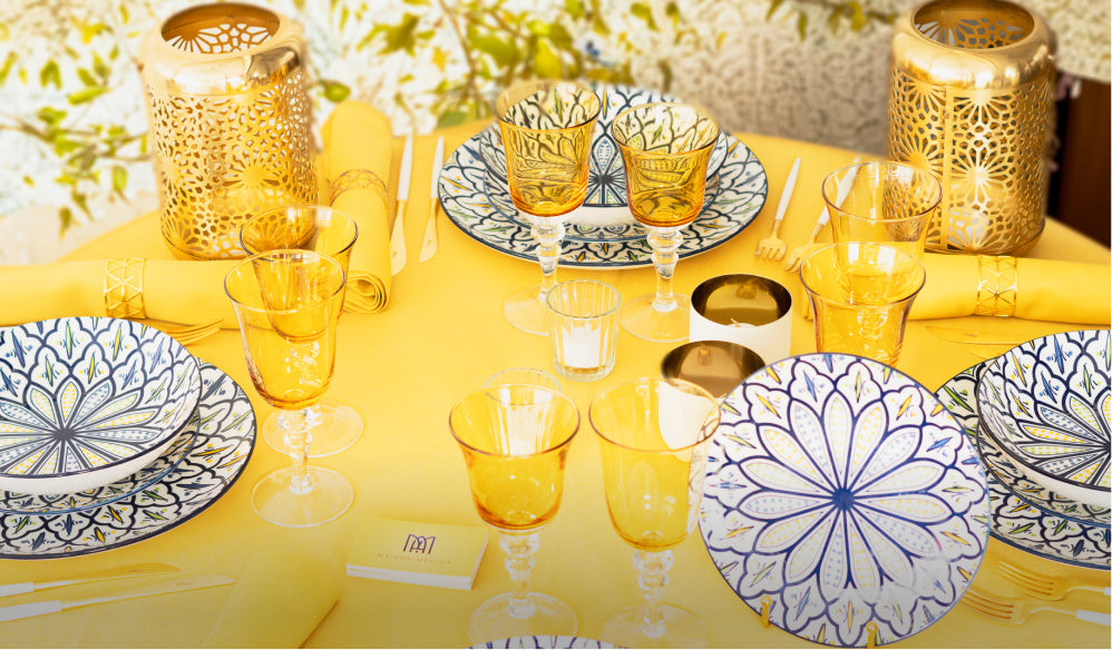 service de table marocain colore jaune vert bleu
