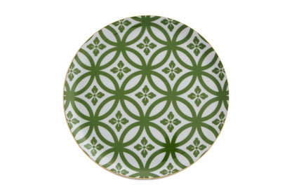 Assiette en porcelaine 24cm de couleur vert avec motifs or inspiree de leclat et de lauthenticite du Maroc reflétant une atmosphere chaleureuse pour la decoration des maisons