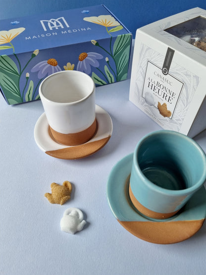 Coffret de deux tasses Expresso artisanales avec sucre en Forme de Théière